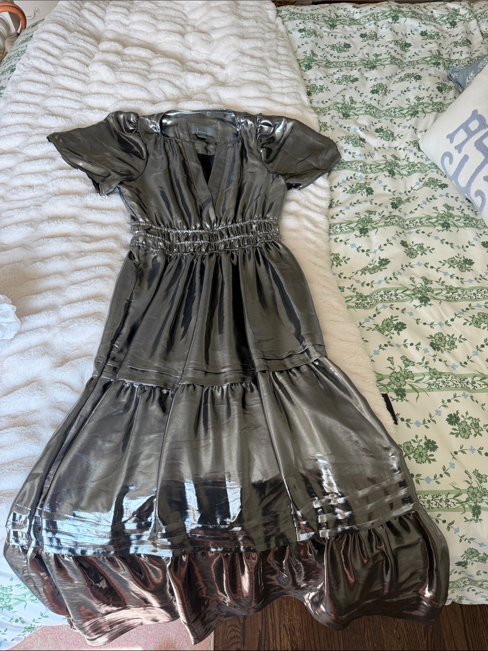 Anthropologie Shiny Metallic Silver Midi Dress